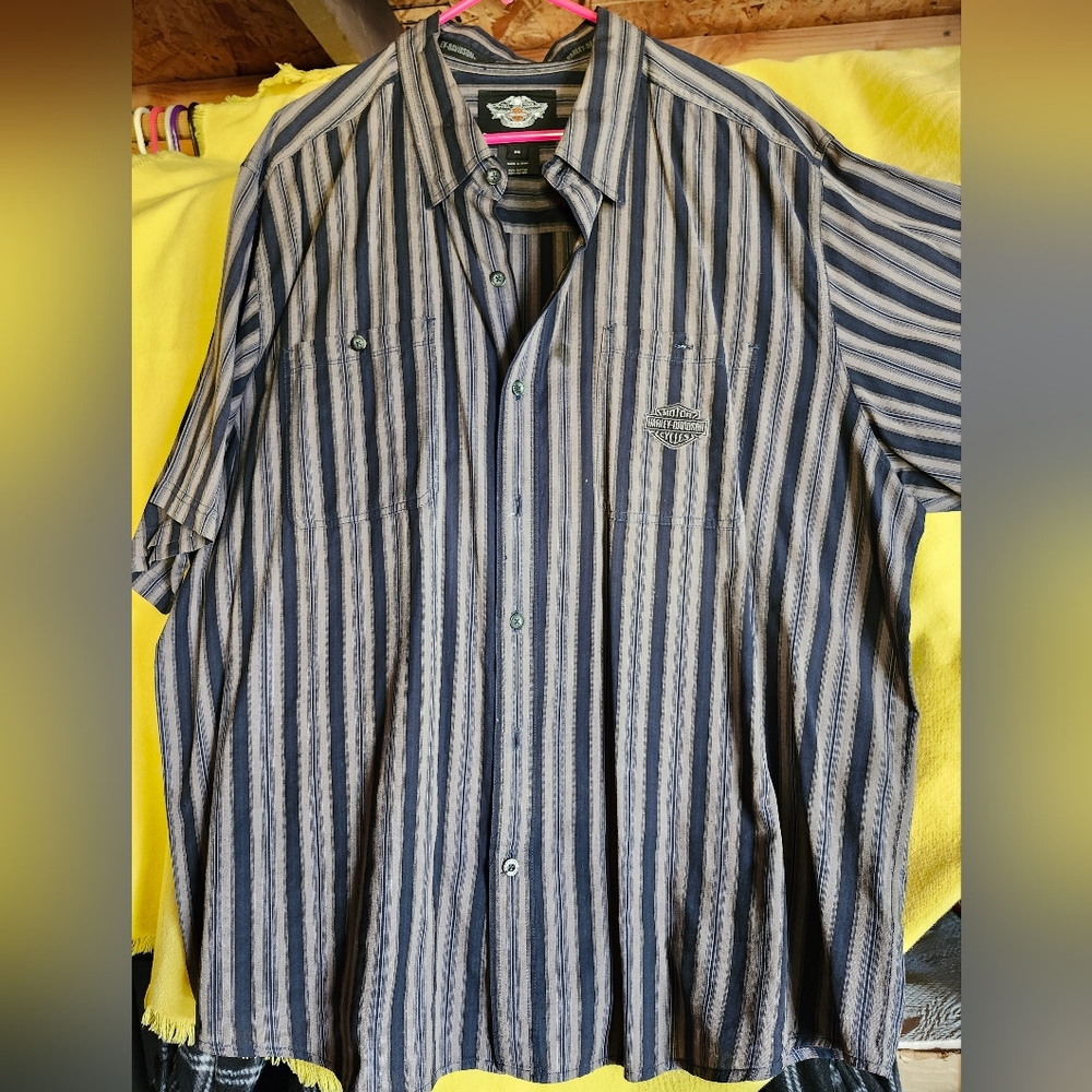 Harley-Davidson Men's Striped Shirt - Blue and Gray 3XL